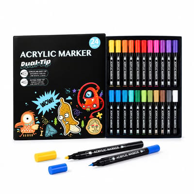 Acrylmarkers - 24 kleuren - Kleuren opbouwen in lagen, watervast en sneldrogend - Dubbele ronde punt voor tekenen en doodlen - Basisverpakking