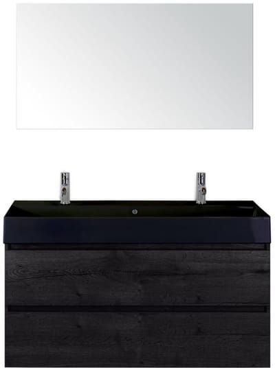 Maxx XL Badmeubelset 120 cm - Black Oak - Wastafel Kube Enkel Zwart 2 Kraangaten met Spiegel