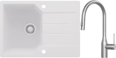 Anycee MAX Spoelbak Keuken 65x45CM - Granieten Spoelbak Wit - Wasbak Keuken Met keukenkraan met uittrekbare uitloop - Spoelbakken Keuken Met Kraangat - Met Druiprek en Sifon