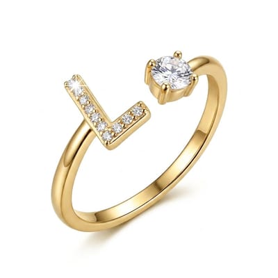 Goudkleurige witkleurige ring dames met initiaal L en ronde steen – open ring verstelbaar letter ring met strass details en zirkonia look