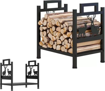 Haardhout Rek - Houtopslag Houder - Openhaard Decoratie - Roestbestendig Metaal - 12 x 17 x 17 Inch - Zwart