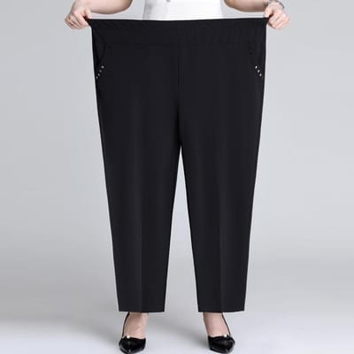 Pantalon d'été pour femmes, nouveau, solide, élastique, taille haute décontractée, pantalon pour mère d'âge moyen, pantalon droit ample 8XL noir