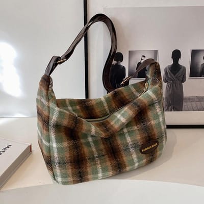 Retro High-end Geruite Wollen Tas voor Dames met Grote Capaciteit Herfst- en Wintermode Veelzijdige Commuter Crossbody Schoudertas gray