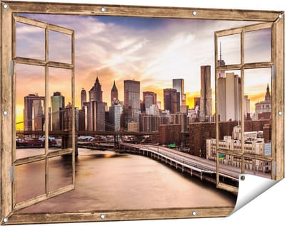 Gards Tuinposter Doorkijk Brooklyn Bridge Brug in New York - 120x80 cm - Tuindoek - Tuindecoratie - Wanddecoratie buiten - Tuinschilderij