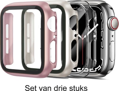 Stravo Set van 3 Full Cover/Hoesje - Screen Protector - Geschikt voor Apple Watch Series 10 & Series 11 - 46mm - Transparant / Starlight / Rose Gold - Bescherm Hoesje voor Apple Watch series 10 / X - maat 46mm - Hardcase - Protection