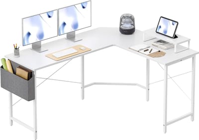 L-vormige computertafel, 150 x 120 cm, pc-tafel, stabiel bureau voor gaming, hoekbureau met monitorstandaard en opbergtas, hoektafel, groot bureau, wit/wit
