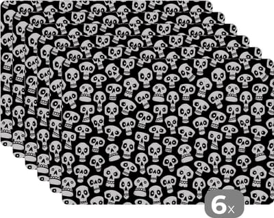 Placemat - Placemats kunststof - Patronen - Skull - Zwart Wit - 45x30 cm - 6 stuks - Hittebestendig - Anti-Slip - Onderlegger - Afneembaar