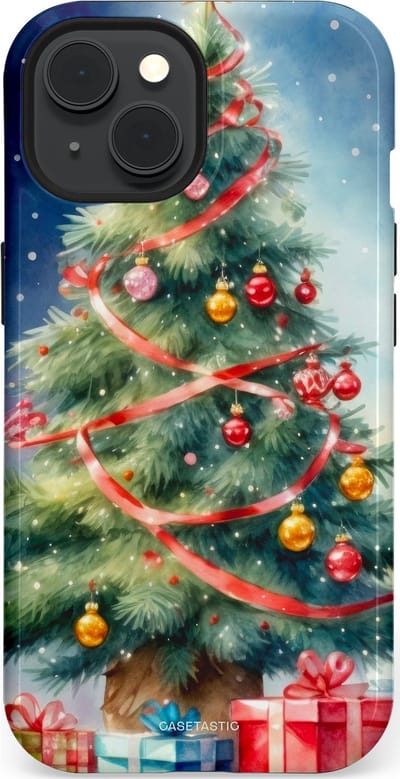Casetastic hoesje geschikt voor Apple iPhone 15 - MagSafe - Dubbellaagse bescherming - Aquarel Kerstboom Cadeau - Fashion Case - Grijs Donkerblauw Saliegroen Beige