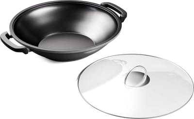 ToCi Wokpan van gietijzer, Geëmailleerde pan & wok, Grote & diepe gecoate pan, Wokpan met deksel & handgrepen, Antiaanbak- voor inductie, Glaskeramiek, Oven, Gas- & elektrisch fornuis