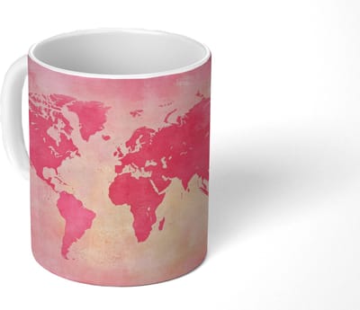 Mok - Koffiemok - Wereldkaart - Roze - Vaag - Mokken - 350 ML - Beker - Koffiemokken - Theemok
