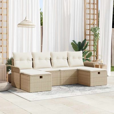 vidaXL - Tuinbank - Set - met - kussen - 6 - pcs - Beige - en - Crème - poly - rattan