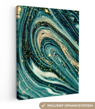 Canvas schilderij 30x40 cm - Wanddecoratie Marmerlook - Luxe - Goud - Turquoise - Glitter - Muurdecoratie woonkamer - Slaapkamer decoratie - Kamer accessoires - Schilderijen op canvas