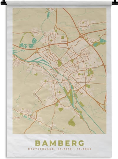 Wandkleed - Wanddoek - Bamberg - Plattegrond - Kaart - Stadskaart - Vintage - 120x180 cm - Wandtapijt