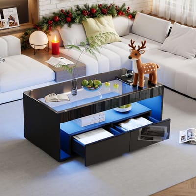 REDOM LED-salontafel, 16-kleurig met afstandsbediening en 4 dynamische modi, hoogglans zwart, gehard glas, 2 lades, 100x50x40 cm