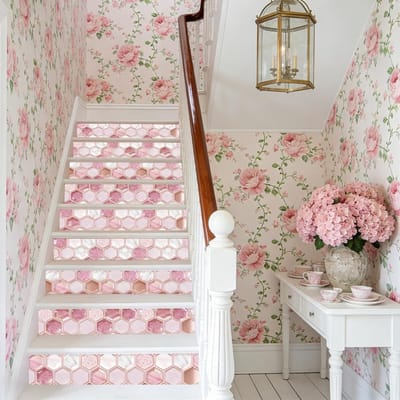 15 stuks zelfklevende zeshoekige schelptegels in roze voor trapdecoratie, verwijderbare PVC stickers voor treden en trappen