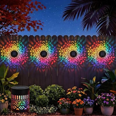 Solar Wandlamp Buiten met Mandala-projectie en Kleurwisseling (7 Kleuren) - Decoratieve Solar Schuttinglampen - RGB Gekleurde Tuinverlichting - Solar Lampen Tuin RGB - Waterdicht - Sfeerlampen voor Schutting & Wand - 1 Stuks - SOLLBRY®