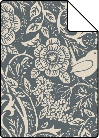 Proefstaal ESTAhome behang bloemen en vogels in art nouveau stijl vergrijsd donker blauw - 26.5 x 21 cm - 131991-S