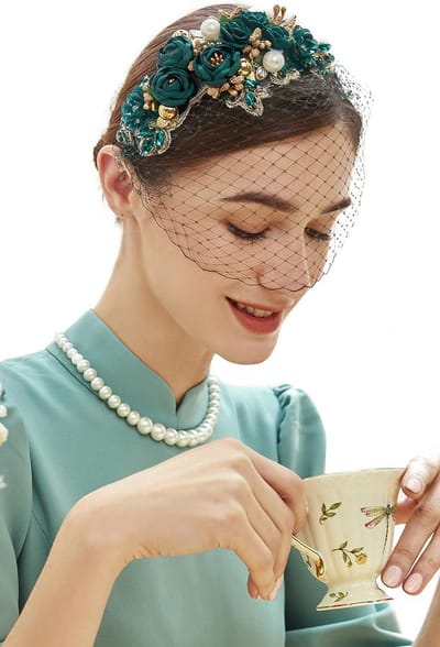 Vintage Fascinator Sluier Hoofdband met Bloem en Parel - Bruiloft & Theefeest Accessoire