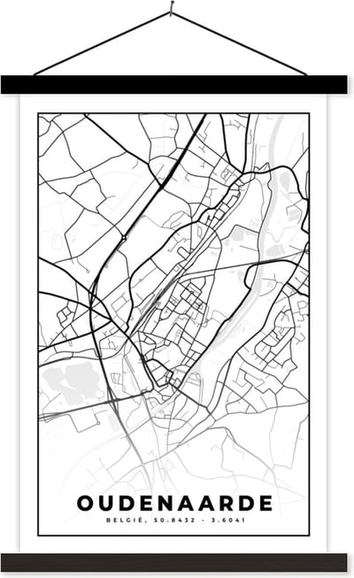 Posterhanger incl. Poster 40x60 cm - Schoolplaat - Zwart Wit – België – Plattegrond – Stadskaart – Kaart – Oudenaarde - Textielposter - Zwarte latten - Stadskaart
