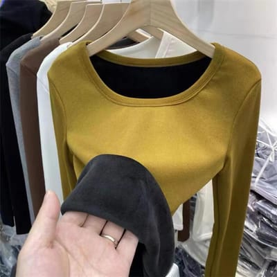 Winter Thermisch Ondergoed Dames Plus Fleece Binnenkant met Een Slim-fit Onderkant Shirt Ronde Hals Lange Mouw T-shirt Top XXXXL geel
