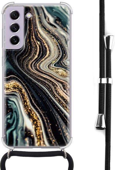 Hoesje met koord - Geschikt voor Samsung Galaxy S21 FE - Marble swirl - Verstelbaar zwart koord - Crossbody - Marmer - Transparant, Multi - Leuke Telefoonhoesjes