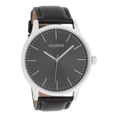 OOZOO Timepieces - Zilverkleurige horloge met zwarte leren band - C8539