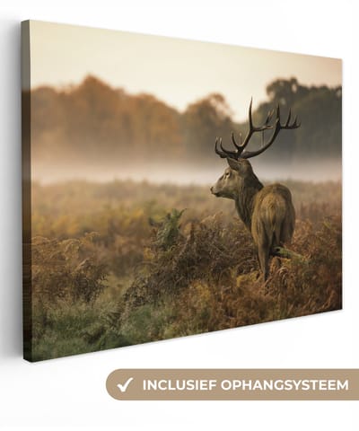Canvas - Hert - Gewei - Mist - Edelhert - Herfst - Natuur - Canvas schilderij - 40x30 - Schilderijen op canvas - Kamer decoratie