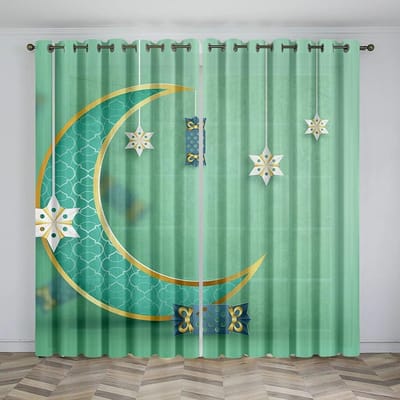 2 stuks Ramadan Festival Mubarak Islam Gordijn Nacht Stad Mode Retro Digitaal Gedrukt Tunnelgordijn Voor Woonkamer Decoratie W50xH130(CM)x2PCS-Grommet Top