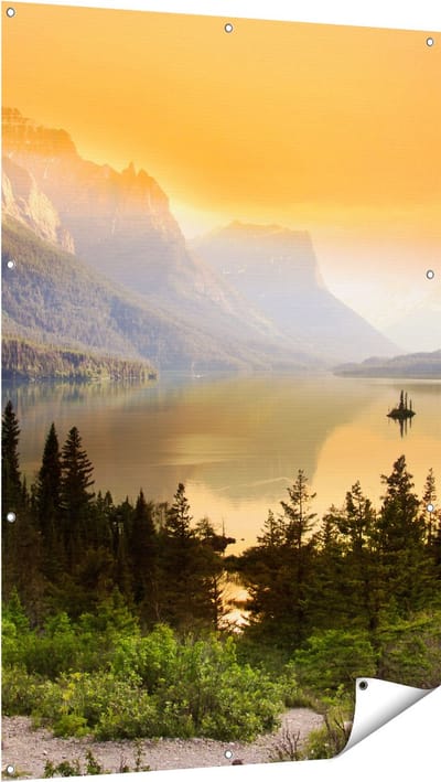 Gards Tuinposter Bergen met een Meer in Nationaal Park Glacier - 100x150 cm - Tuindoek - Tuindecoratie - Wanddecoratie buiten - Tuinschilderij