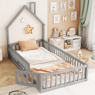 MODFU Kinderbed 90x200 cm – 205x95x138,7 cm – Schoorsteenontwerp met veiligheidshek – Grenenhout – Grijs – Incl. lattenbodem