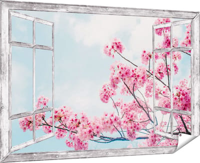 Gards Tuinposter Doorkijk Roze Bloesemboom - Bloemen - 180x120 cm - Tuindoek - Tuindecoratie - Wanddecoratie buiten - Tuinschilderij