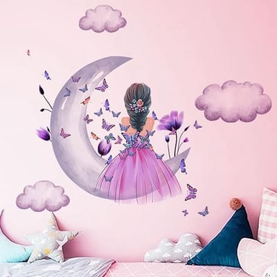 Famanu - Vlinder, meisjes, muurstickers, maan, wolken, bloem, fee, muurstickers, roos, bloemen, kleurrijke vlinders, wanddecoratie voor meisjes,, kleuterschool, slaapkamer, woonkamer