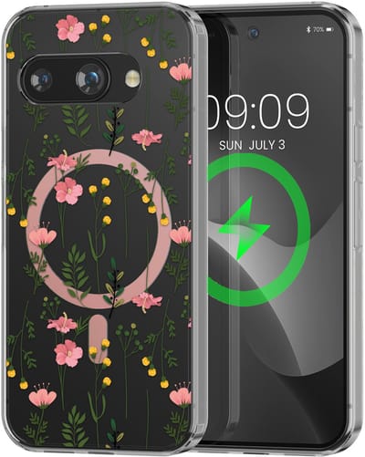 kwmobile Kristalheldere hardcase compatibel met Google Pixel 9a Hoesje – compatibel met MagSafe – Acryl hoesje met TPU-rand – Zachte wilde bloemen design