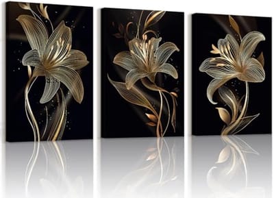 Canvas Wanddecoratie Set - Zwarte en Gouden Lelies - 3 Stuks - Modern Art voor Woonkamer en Slaapkamer