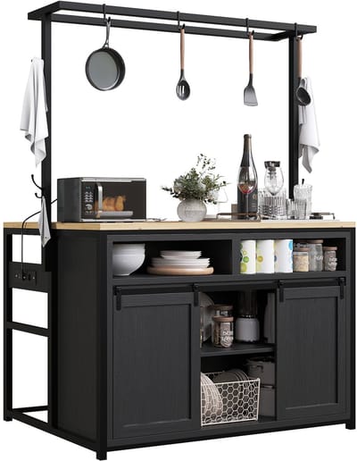Sweiko Dressoir - Keukenkast - Met stopcontact - 4 haken - Schuifdeuren - houtlook - Zwart + Naturel