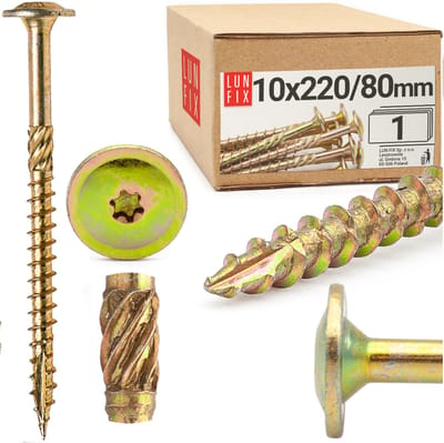 LUN FIX - Tellerkopfschroeven 10x220 - 1 stuk - TX40 Torx - Tellerkop met freestrips - Houtschroeven