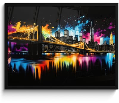 Poster in lijst - Fotolijst 70x50 cm - Posters - Skyline - Brug - Verlichting - Kleuren - Posterlijst zwart - Decoratie - Wanddecoratie woonkamer - Muurdecoratie slaapkamer