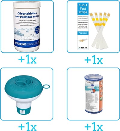 Zwembad Onderhoudspakket - Onderhoud Zwembad - bevat Chloor - Testrips - Chloordrijver en Filter (4-delig)