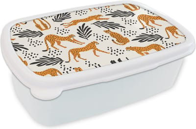 Broodtrommel Wit - Lunchbox - Brooddoos - Patronen - Bladeren - Jachtluipaard - 18x12x6 cm - Volwassenen