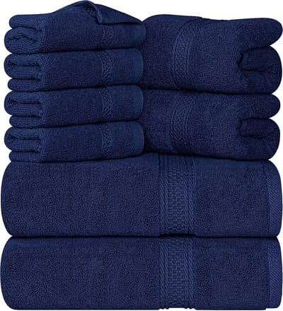 8-Delige Handdoekset - 2 badhanddoeken, 2 handdoeken en 4 Washandjes Katoen Hotelkwaliteit Superzacht en Zeer Absorberend (Marine).