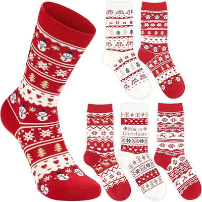 BRUBAKER 5 Paar Kerstsokken met Noors Patroon - Winter Sokken van Katoen - Gezellig Damessokken Set voor Kerstmis & de Feestdagen - Rood & Wit - Ideaal Cadeau voor Vrouwen & Meisjes - Maat 36-41