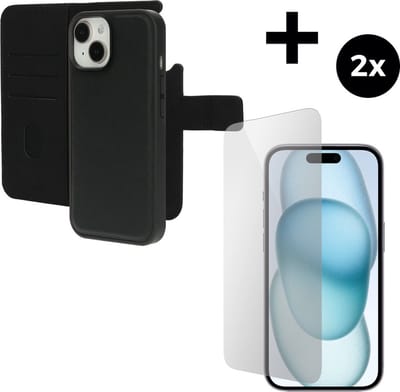Mobiparts Leather 2 in 1 Wallet Case hoesje geschikt voor Apple iPhone 15 met 2 Screenprotectors van Gehard Glas - Zwart