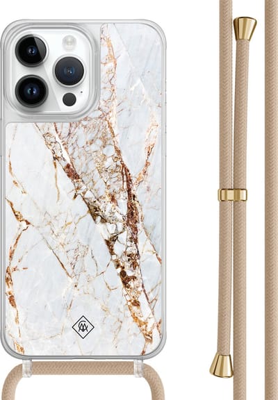 Casimoda® hoesje met beige koord - Geschikt voor iPhone 14 Pro Max - Marmer Goud - Afneembaar koord - TPU/polycarbonaat - Bruin/beige