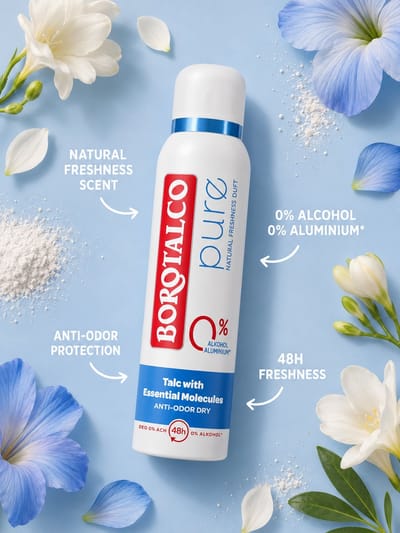 Borotalco Pure Natural Deodorant Spray - 0% Aluminiumzouten - 0% Alcohol - 48u - Talkum Zink & Tapioca - 150 ml