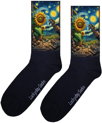 LuckyDay Socks - Kunstsokken van Gogh - Zonnebloemen - Steampunk sokken - Tandwielen print - Verjaardag cadeau - Kunst sokken - Vrolijke sokken - Schilderij sokken - Grappige sokken - Leuke dames en heren sokken - Moederdag - Vaderdag - Onesize