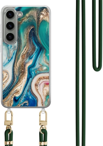Hoesje met koord geschikt voor Samsung Galaxy S23 - Magic marble - Inclusief Groen koord - Crossbody beschermhoes - Transparant, Multi - Mooie Telefoonhoesjes