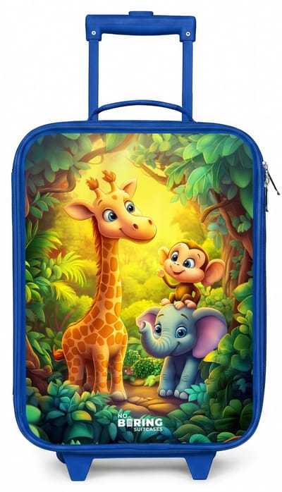 NoBoringSuitcases.com® - Kinderkoffer blauw - Kindertrolley jongen - Giraf, olifant en aapje in het bos - Koffer kind lichtgewicht - Reiskoffer trolley voor kinderen - Koffertje met lichtgevende wieltjes - Rolkoffer