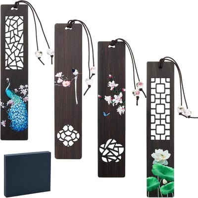 4 stuks houten boekenleggers - vintage bladwijzers met geschenkdoos