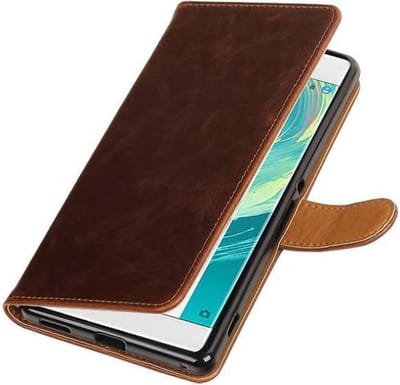Zakelijke Book Case Telefoonhoesje Geschikt voor de Sony Xperia C6 - Portemonnee Hoesje - Pasjeshouder Wallet Case - Mocca