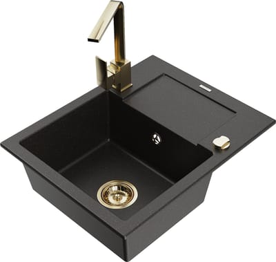Mexen Enzo granieten spoelbak met 1 kom, afdruiprek en keukenkraan Rita, zwart/gouden metallic - 6506-75-670300-50